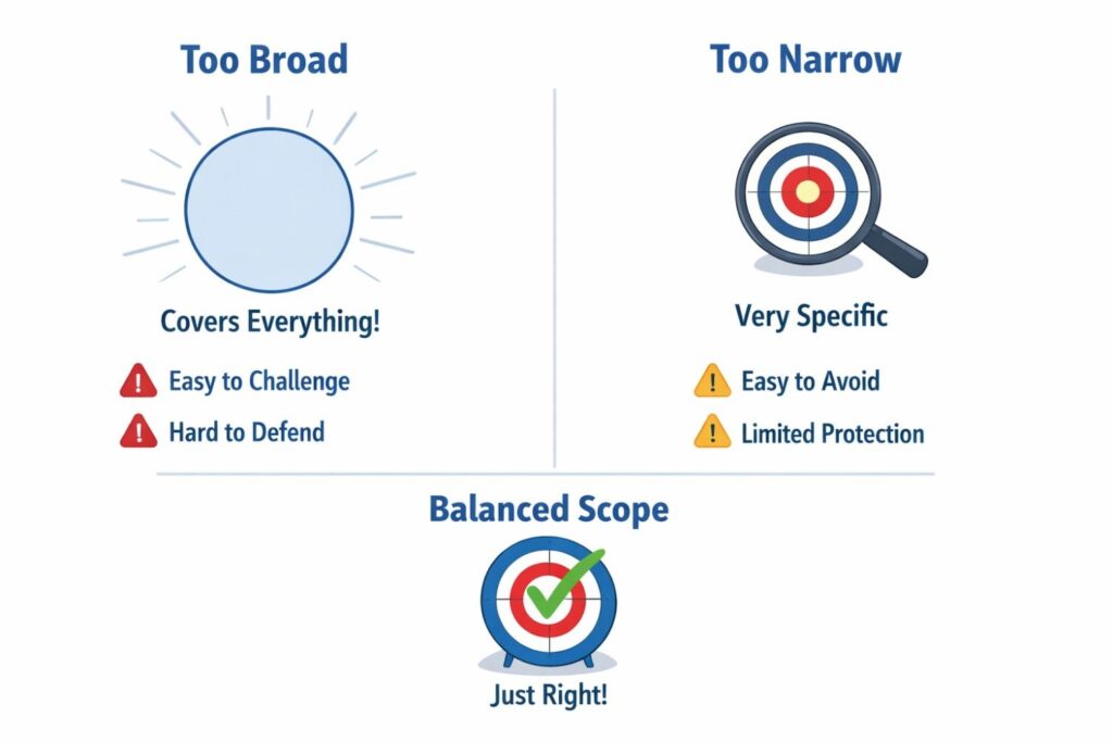 Think about alternative inputs. Think about swapped components. Think about changed labels. Would your claim still read on that version?