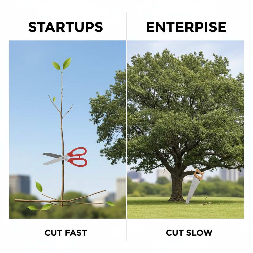 Startups worry about runway. Enterprises worry about reputation and structure.