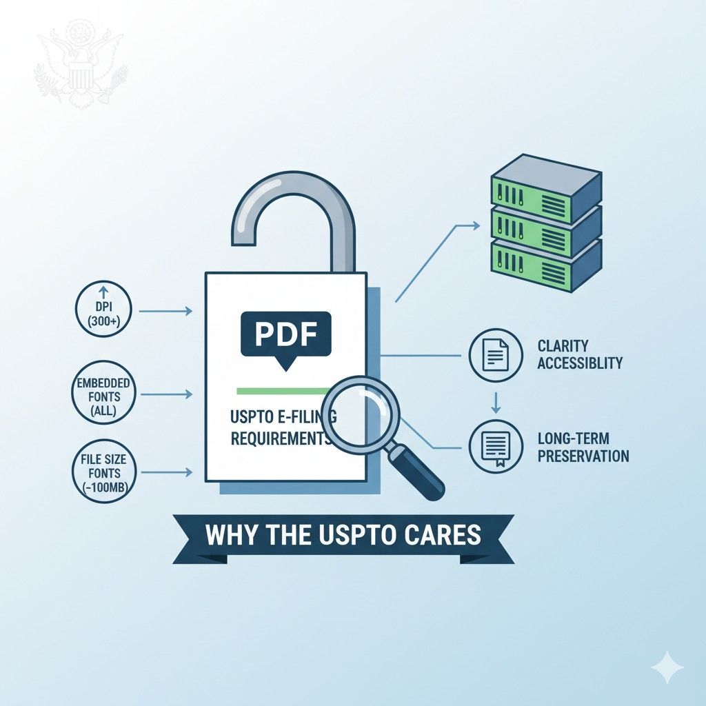 The USPTO enforces PDF rules to keep examiner work consistent and fast. When everything looks the same, they can focus on substance instead of format.