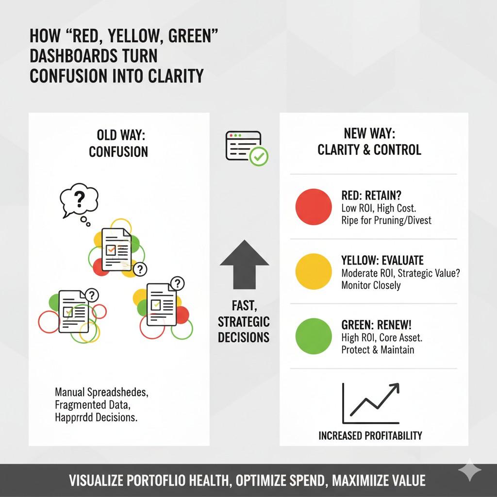 Green means this patent clearly protects core technology or supports revenue. Red means it no longer aligns with strategy and likely should not be renewed. Yellow means it needs discussion.