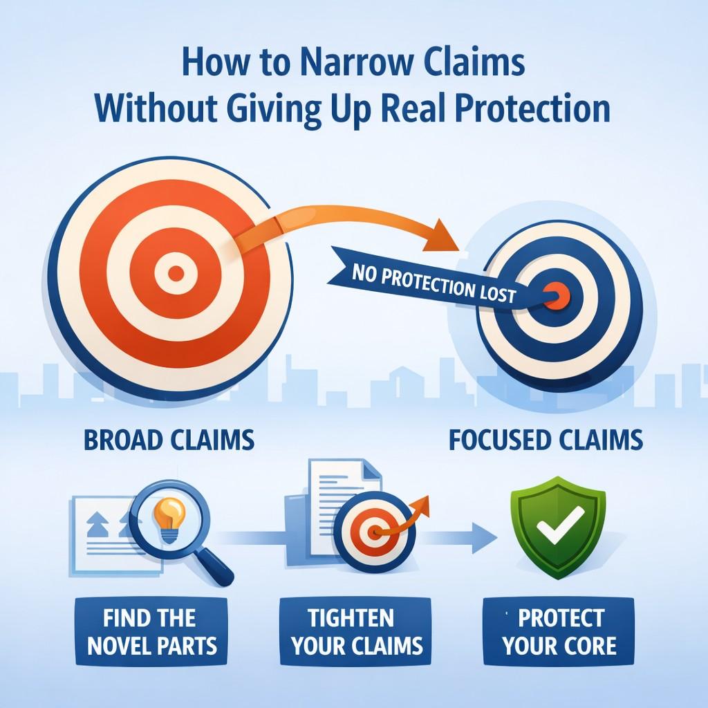 When narrowing, ask yourself where the true power sits. What part of your invention would hurt the most if copied? That is where you focus.