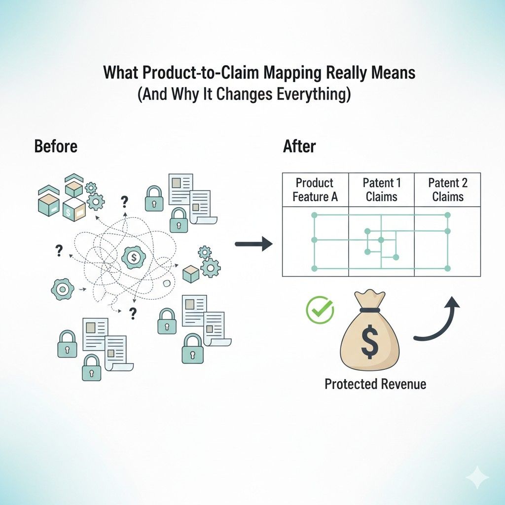 If a major new revenue stream falls completely outside existing claims, you know early that you may need new filings.