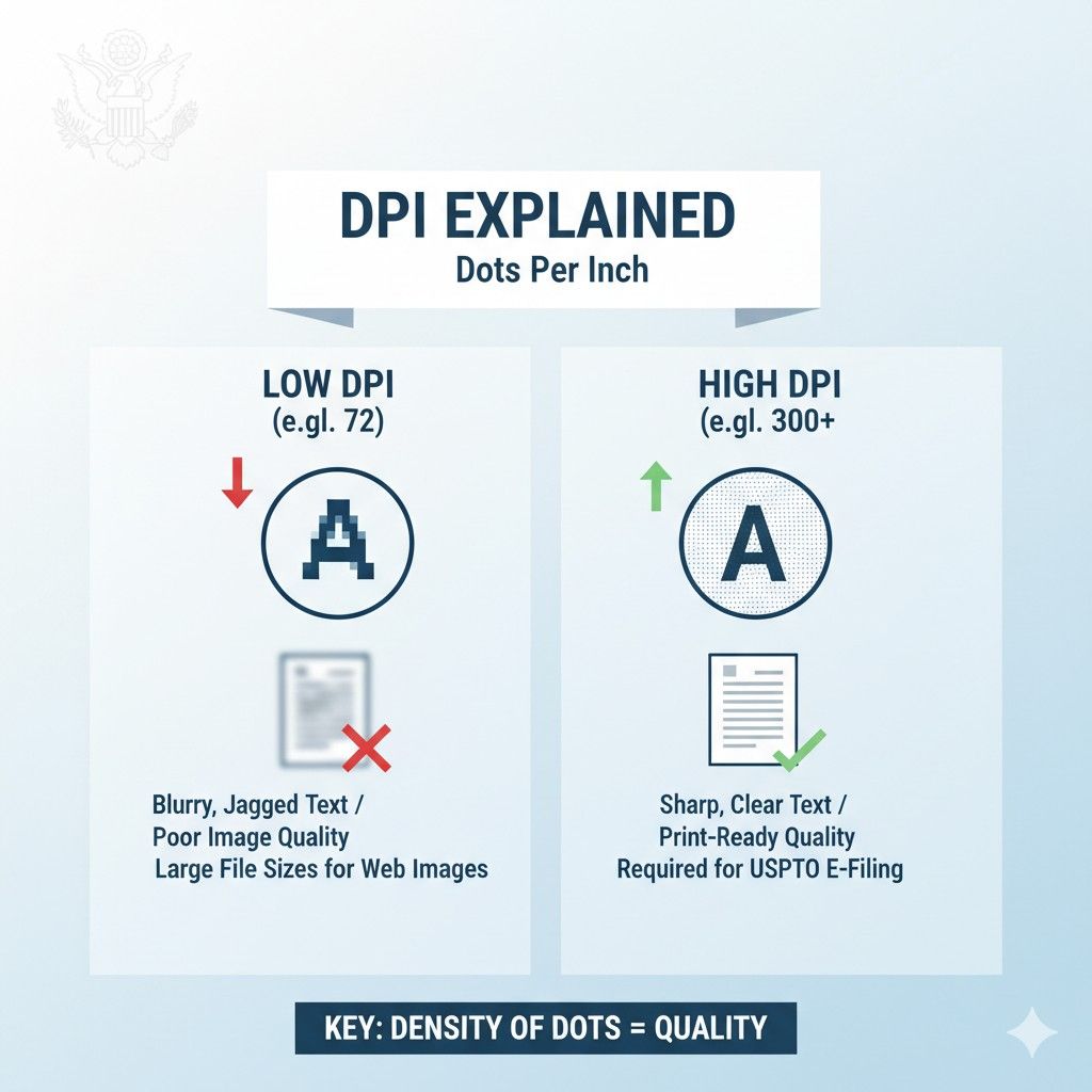 When DPI is too low, text and drawings look fuzzy when zoomed or printed. When DPI is too high, file sizes explode and systems struggle to process them. The USPTO sets limits to keep everything readable and manageable.