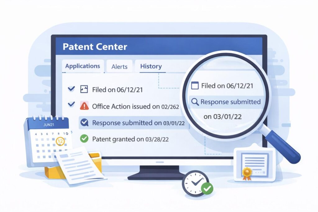 History shows that your application was filed on a certain date. It shows when the patent office reviewed it. It shows when you responded. It shows how long each step took.