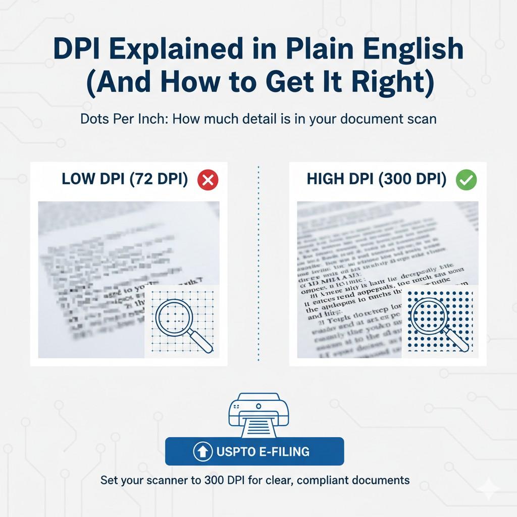 The USPTO wants a balance. Clear enough to read. Small enough to store and process.