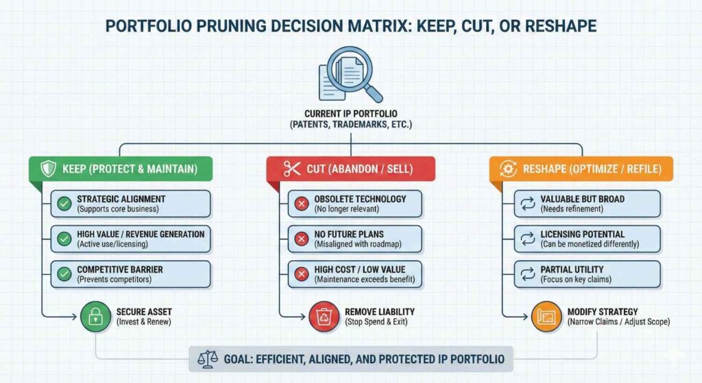 When a patent scores low across multiple dimensions, it becomes an obvious pruning candidate. When it scores high, you double down. When it sits in the middle, you reshape or monitor.