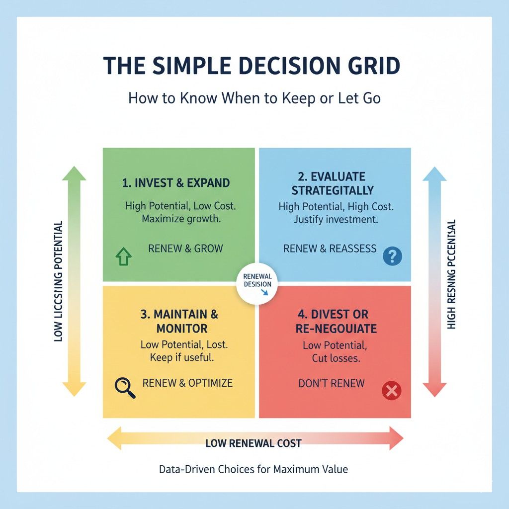 If licensing potential is high and renewal cost is reasonable compared to that value, the decision is easy. You keep it. You may even strengthen it with continuation filings or related protection.