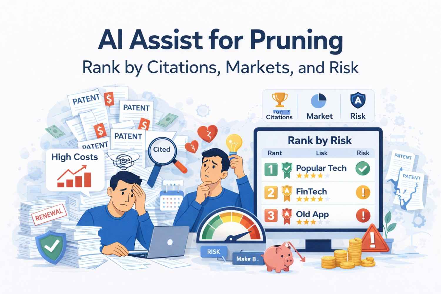 Use AI tools to rank patents by citations, market relevance, and risk so you keep only high-impact assets.