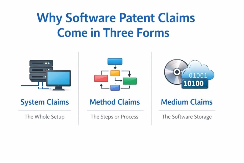 That is why software patent claims often come in three forms. The law is trying to capture the same invention through different lenses, but from a business angle, the goal is even more practical.