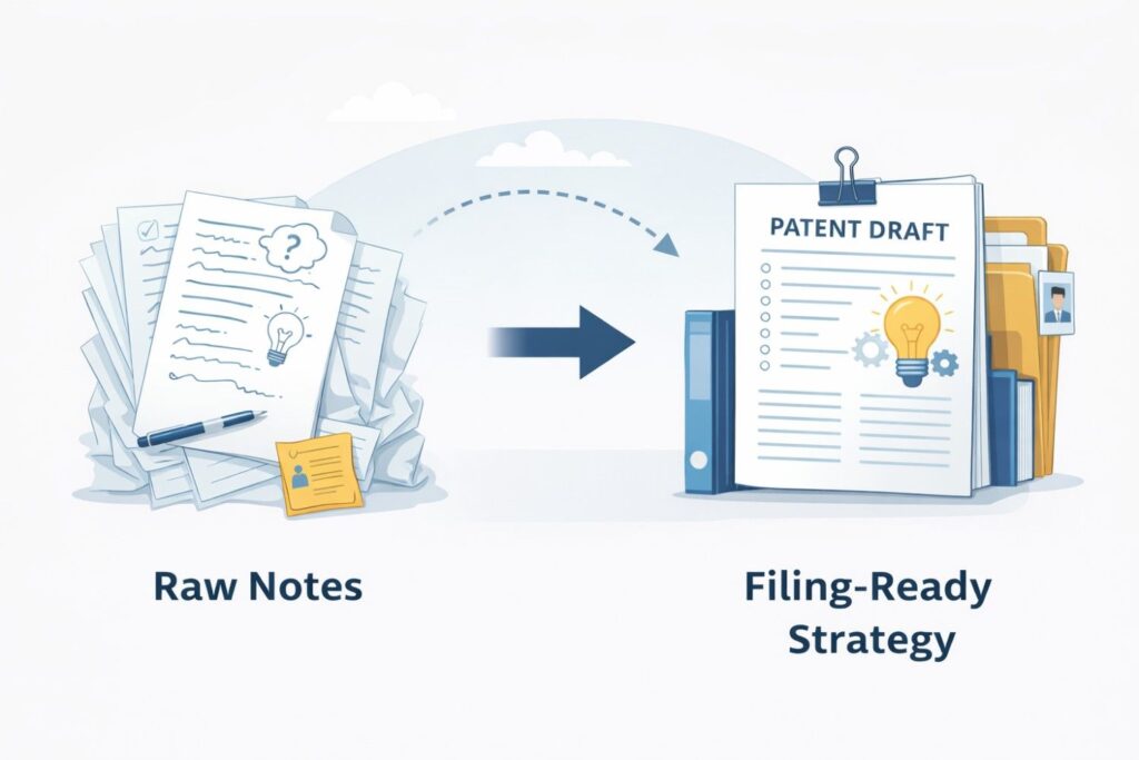 Raw notes contain facts. A filing-ready strategy requires positioning.
