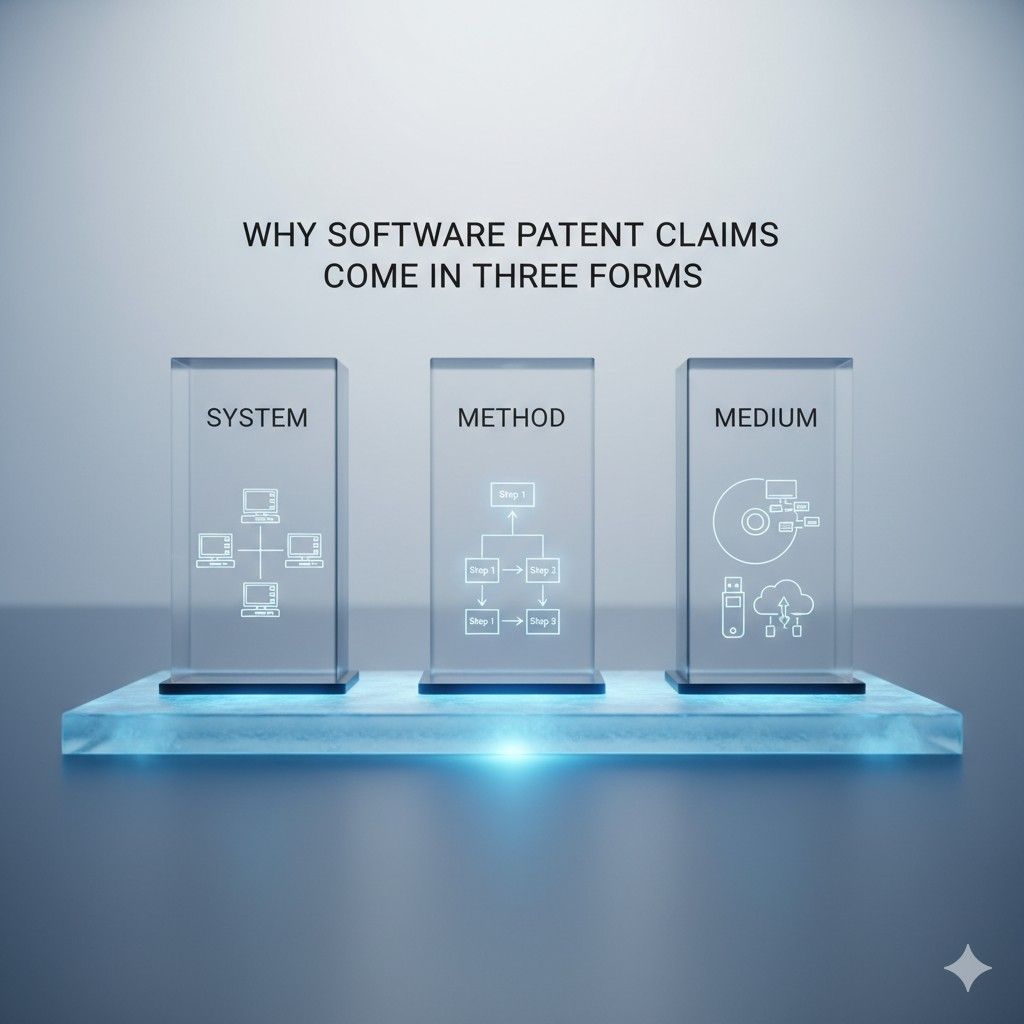 Claims written in three forms help because future conflict is unpredictable. You do not know in advance whether a competitor will sell a full product, run a similar process behind the scenes, or distribute software in a way that makes one claim type more useful than another.