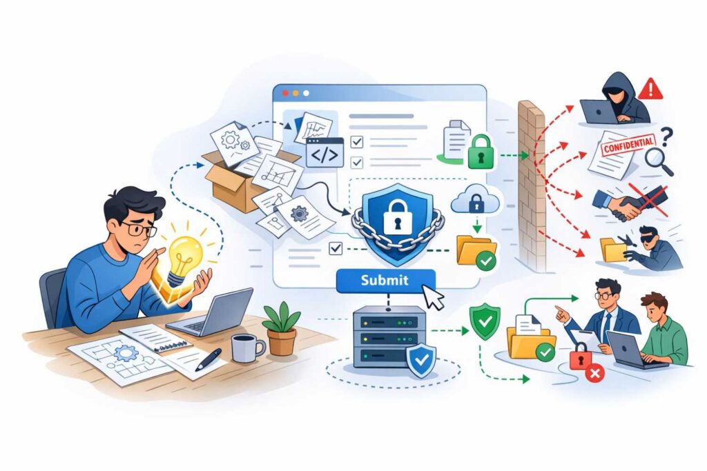 Patent intake should live in a secure environment, not in a shared pitch folder. Investors do not need your full technical details. They need proof of progress and vision.