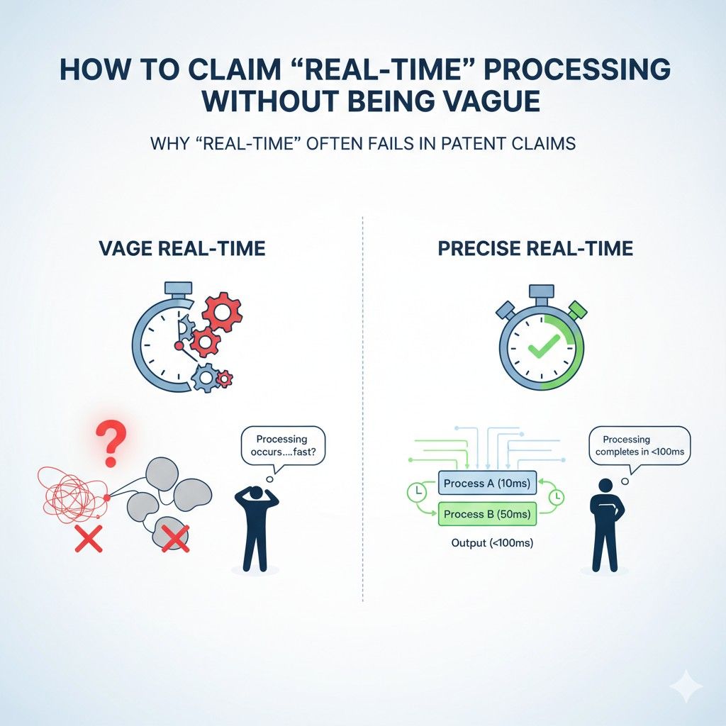 If the claim says “real-time” but the body of the application does not explain the operational path in a clear way, the phrase may be treated as empty or weak.