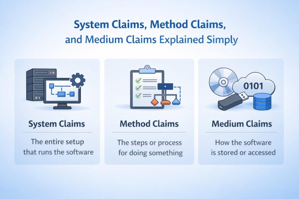 These claim types matter because software is not like a simple physical object. A software product can be built into a platform, run through a workflow, and stored as instructions at the same time.