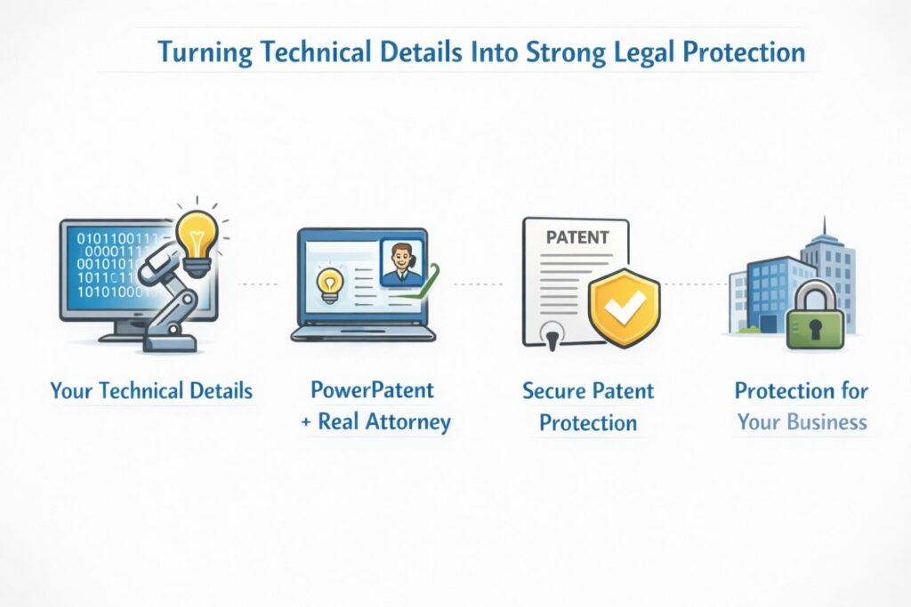 Then real patent attorneys review your answers and shape them into strong legal claims.