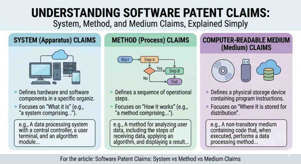 The takeaway is simple. System claims, method claims, and medium claims are not three random patent categories.
