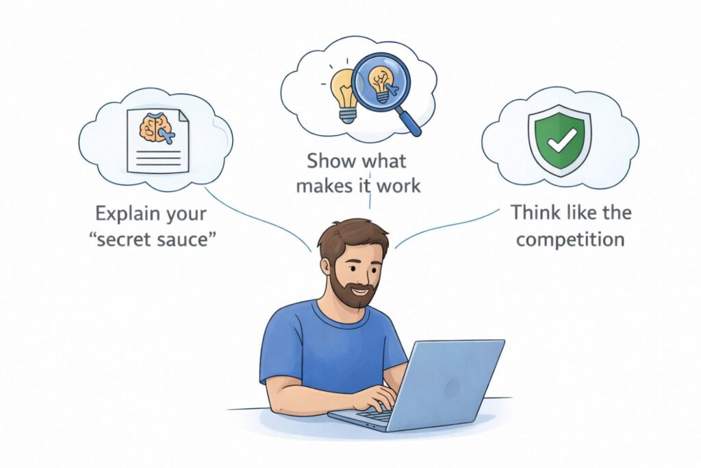 For example, if your invention processes text data today, but the same logic could apply to image or audio data, mention that. If your hardware device currently uses one sensor type but could support others, say so.