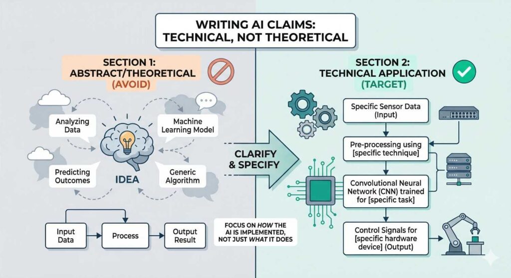This problem shows up when the claim is written around ideas like reviewing inputs, deciding a category, scoring a condition, or recommending a next step without grounding those actions in machine operations.