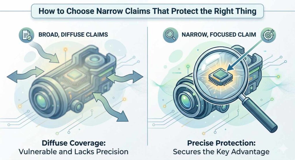 It may be a special way of processing data, a control step that improves output, a hardware arrangement that lowers cost, or a workflow that makes adoption easier. Whatever it is, that is often where valuable narrow claims begin.