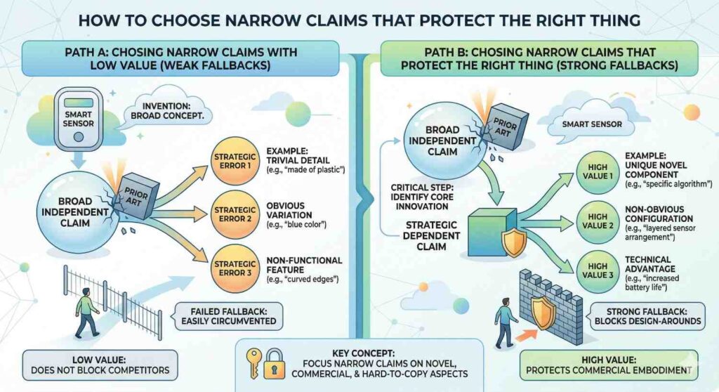 At that point the claim may still be valid, but it is weak in a business sense. It protects a sliver of behavior instead of a meaningful product position.