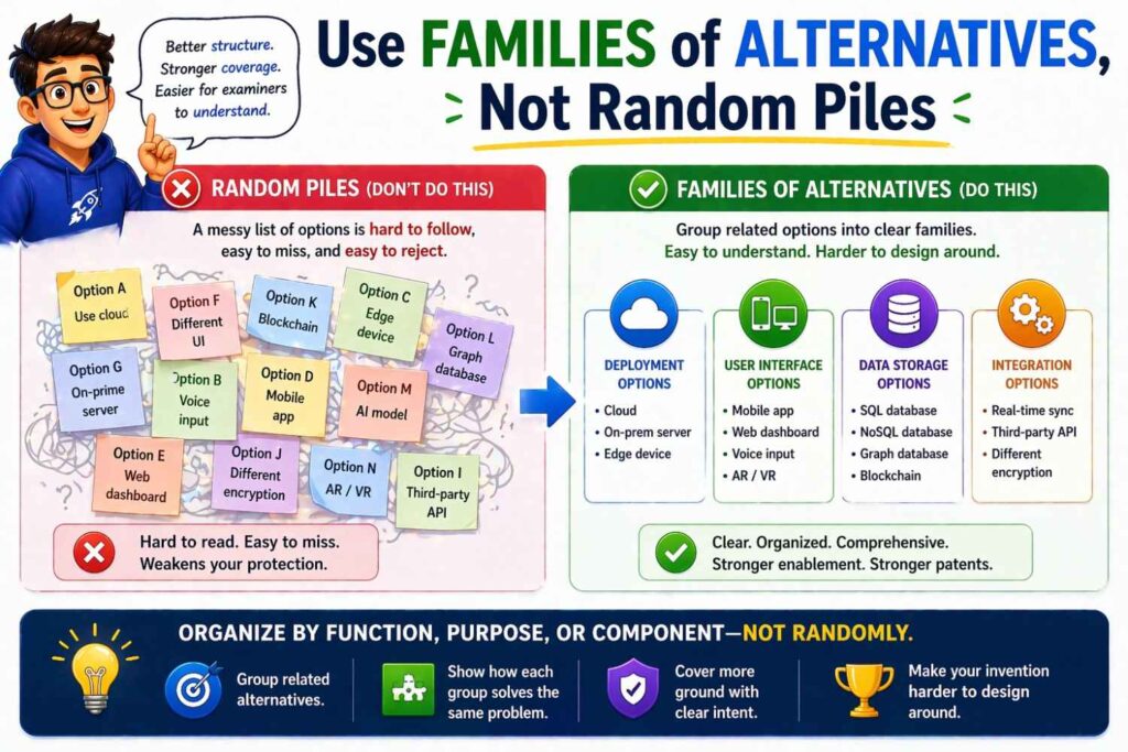 A patent spec gets stronger when alternatives are organized around meaningful families.