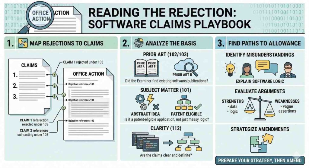 The issue is that your current claim language maps too easily onto what already exists in the record. That means the rejection is often about overlap at the wording level.