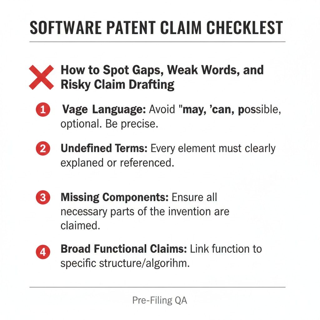 An exact threshold, a narrow file type, a fixed sequence that does not need to be fixed, or a specific deployment setting can all limit the claim more than intended.