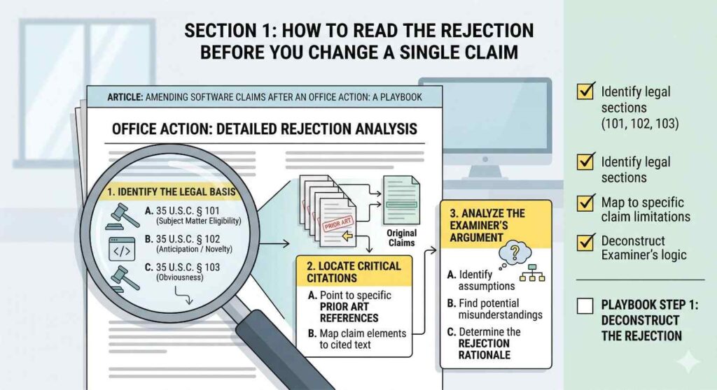 Your job is not to argue with labels in the abstract. Your job is to see whether your application actually discloses a step, sequence, or architecture choice that is not routine and has not been brought into focus yet.