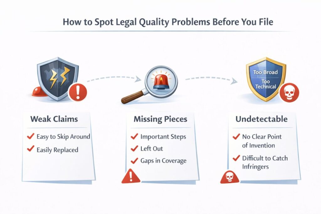 This approach helps teams avoid one of the most common filing mistakes: accepting polished language too quickly. Legal quality problems often hide in claims that read smoothly.