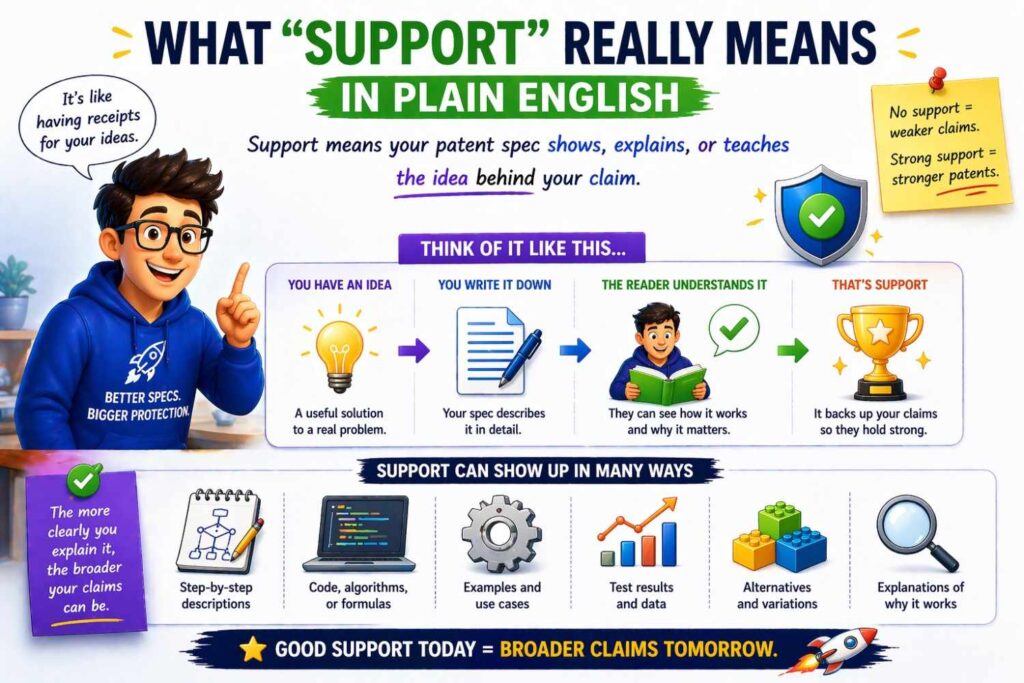 Support means your application gives enough real detail to show that the broader idea is truly part of what you invented