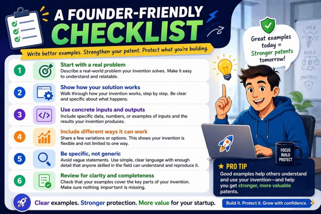 A strong patent example usually explains the setting, identifies the important parts, shows the flow from input to output