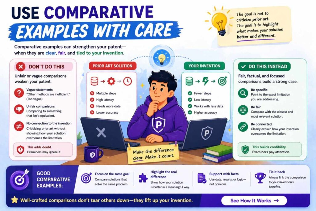 A before-and-after example, or a conventional approach versus the new approach, can make the invention easier to understand.