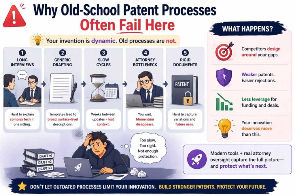 Traditional patent processes often break on this issue because they are too slow, too abstract, or too disconnected from the product team.