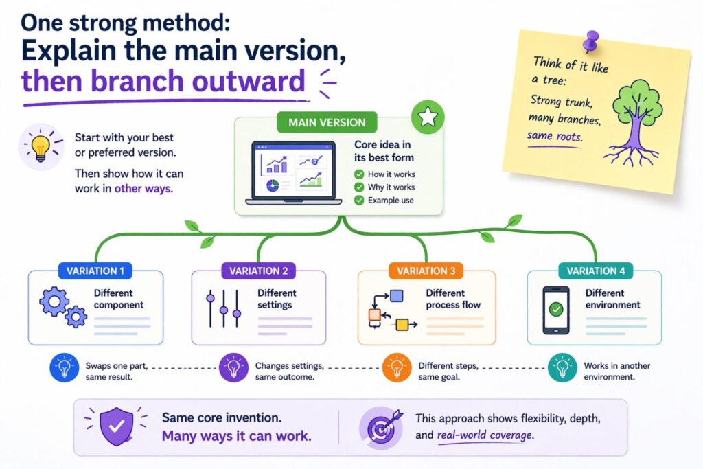 A reliable drafting pattern is to explain one representative embodiment clearly and then branch outward from it.