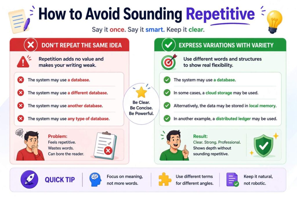 One challenge in long patent descriptions is that alternatives can start sounding repetitive