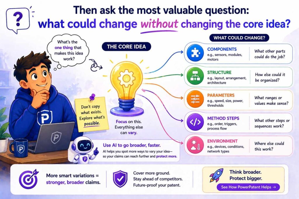 Take each major part of the current system and ask what could change while the invention still works in spirit.