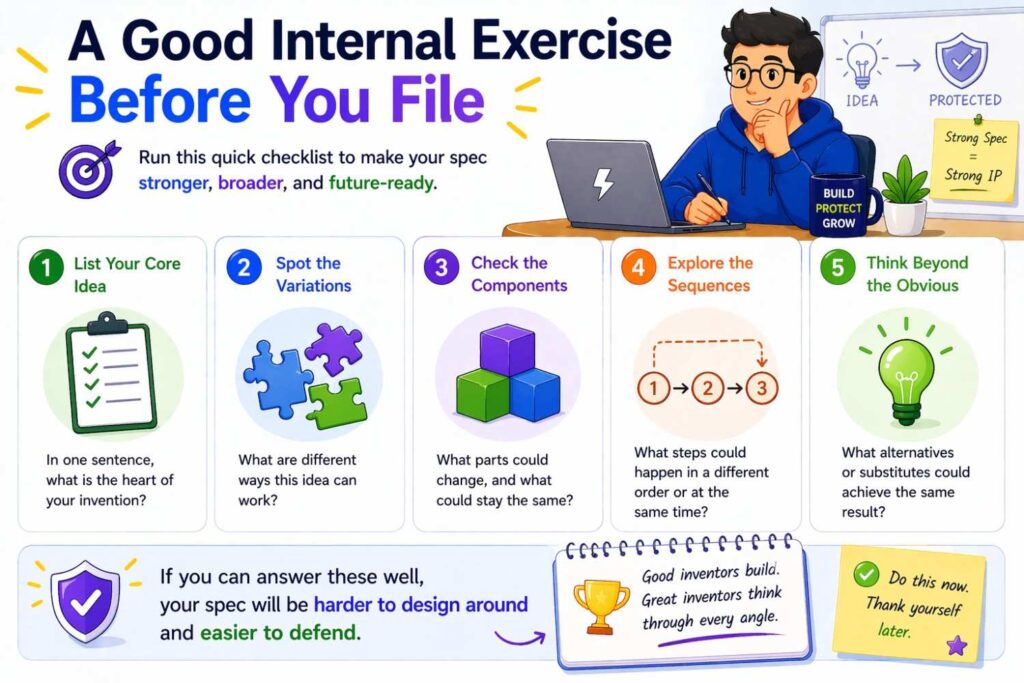 Before the draft is finalized, gather the founder, one engineer who knows the system deeply, and whoever is helping prepare the patent
