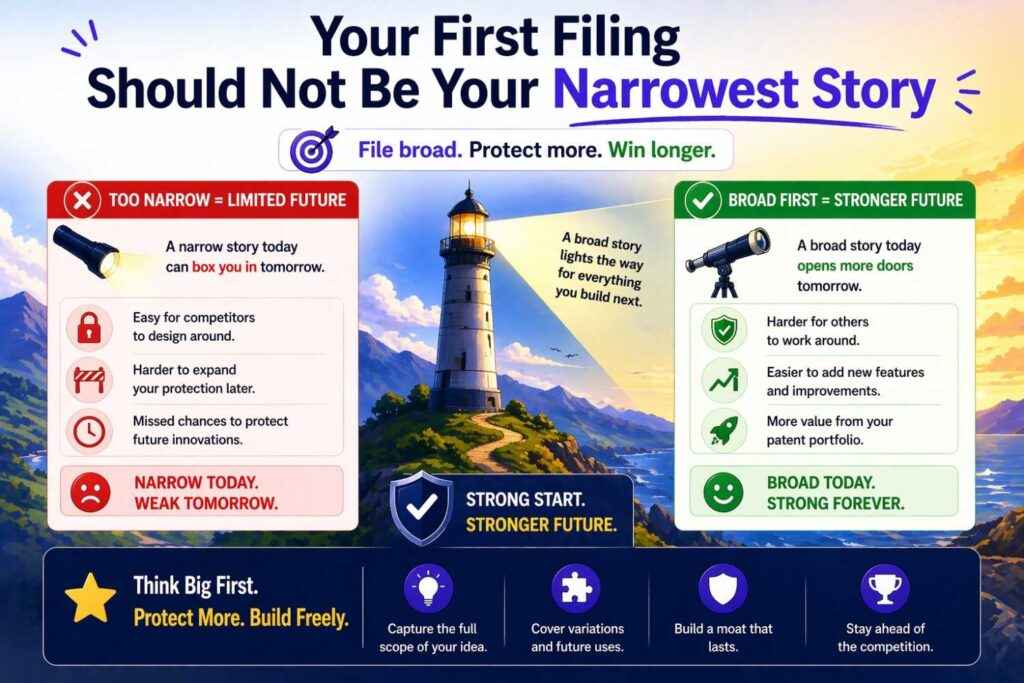 Many founders assume the first patent filing should be the most conservative version.