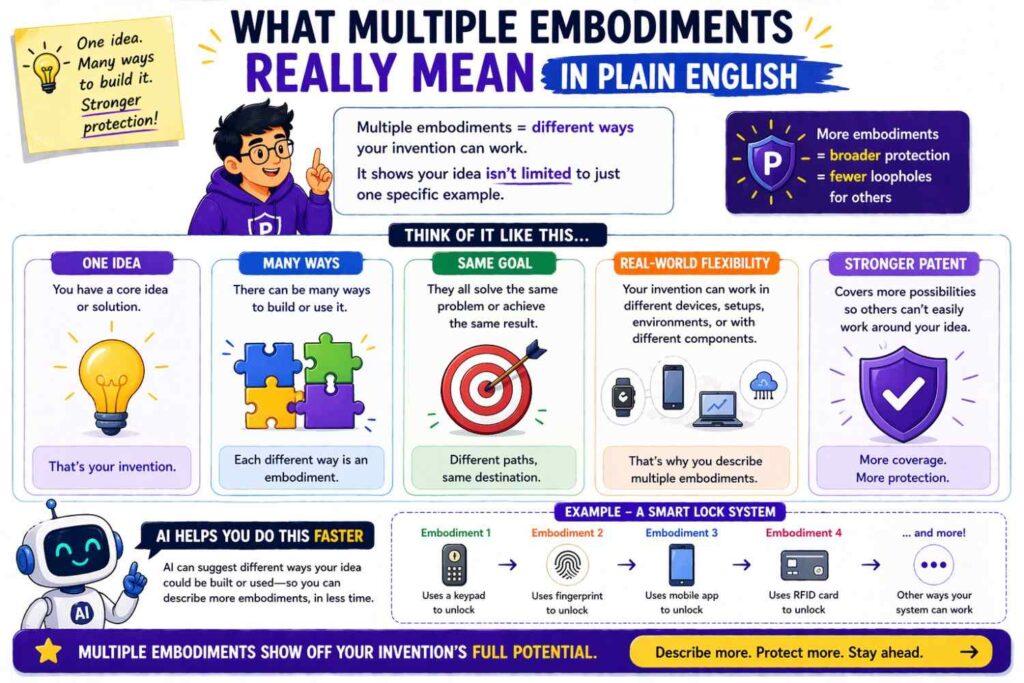 An embodiment is a version of how an invention can work.
