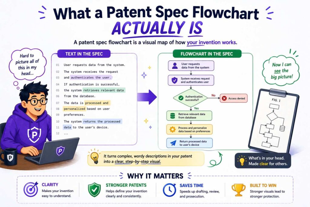 A patent spec flowchart is a visual drawing that shows how a process works, step by step.