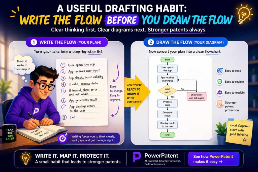 Before opening any diagram tool, write the flow as plain text.