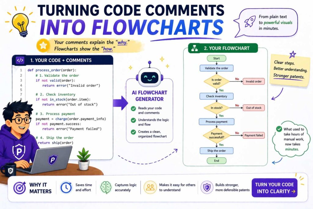 Engineers often have the best raw material for patent flowcharts sitting inside code or design notes.