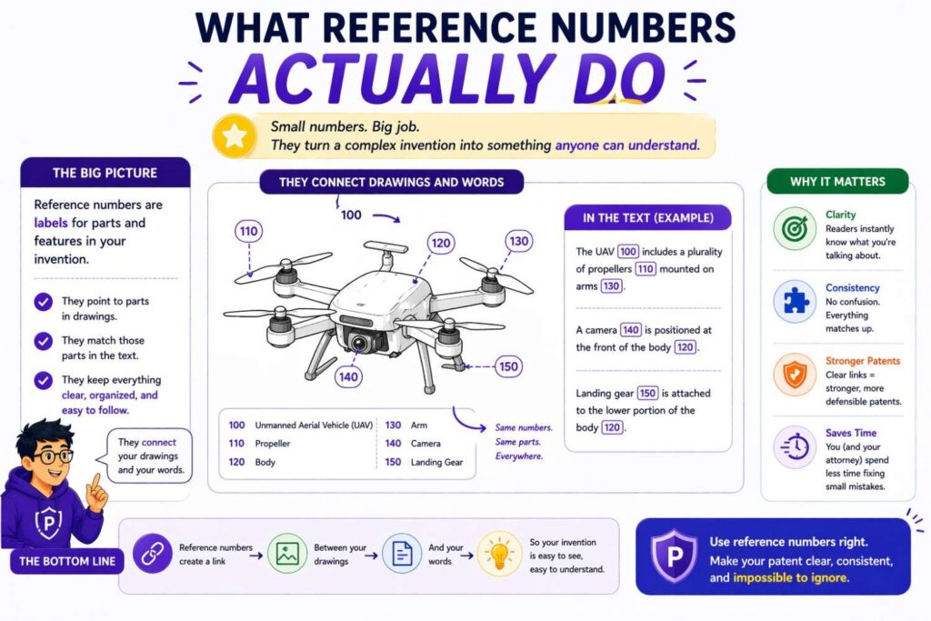 They tie one section of the description to another.