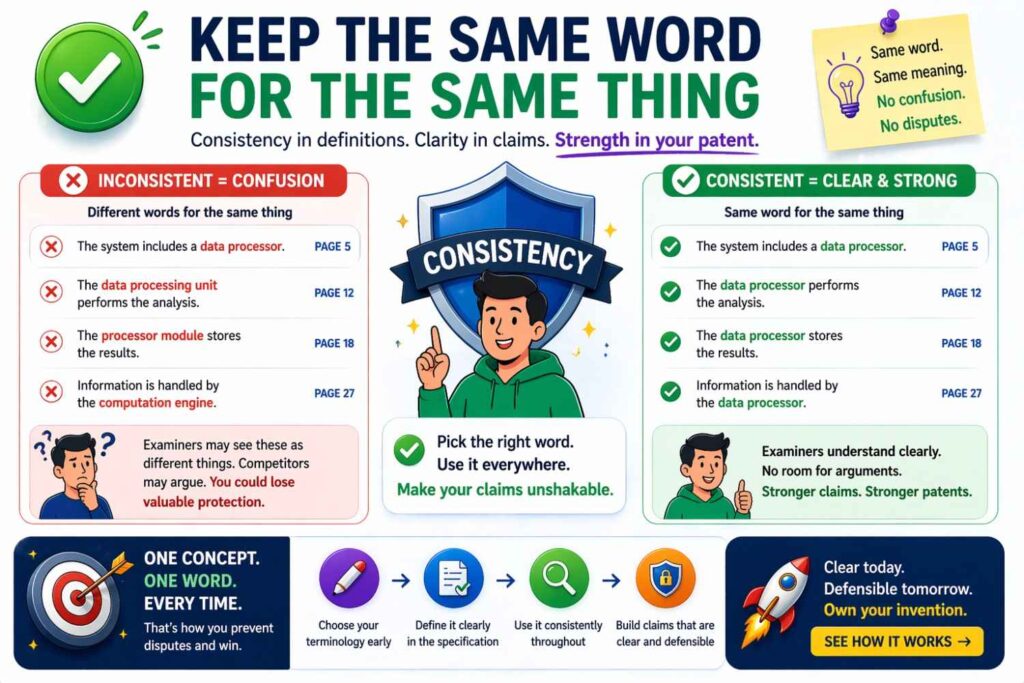 Patent disputes often start when the draft uses different words for the same thing.