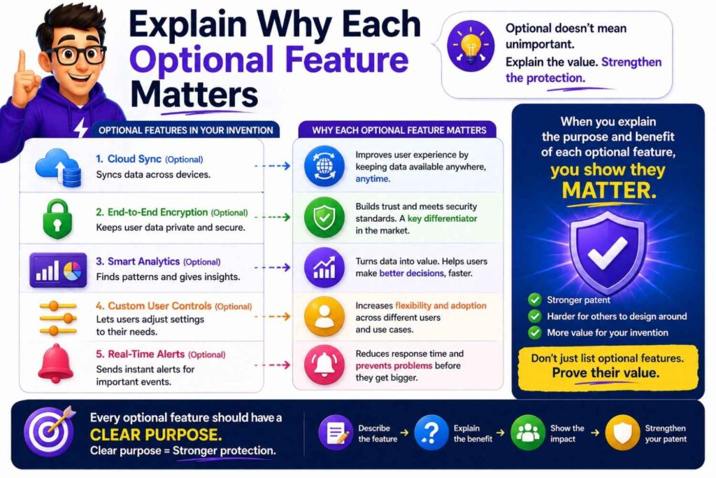 They should help the reader understand how the invention works and why the pieces matter.