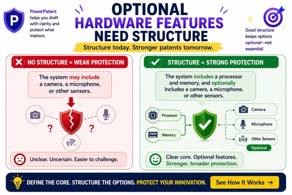But optional hardware features can also narrow the invention if they are not framed well.