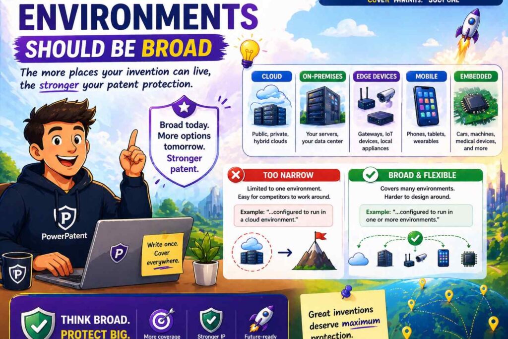 A patent draft should not assume only one environment unless that environment is the point.