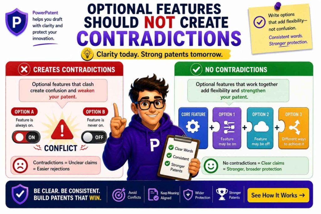 A patent draft may describe many versions. That is normal. But the versions should not conflict in a confusing way.