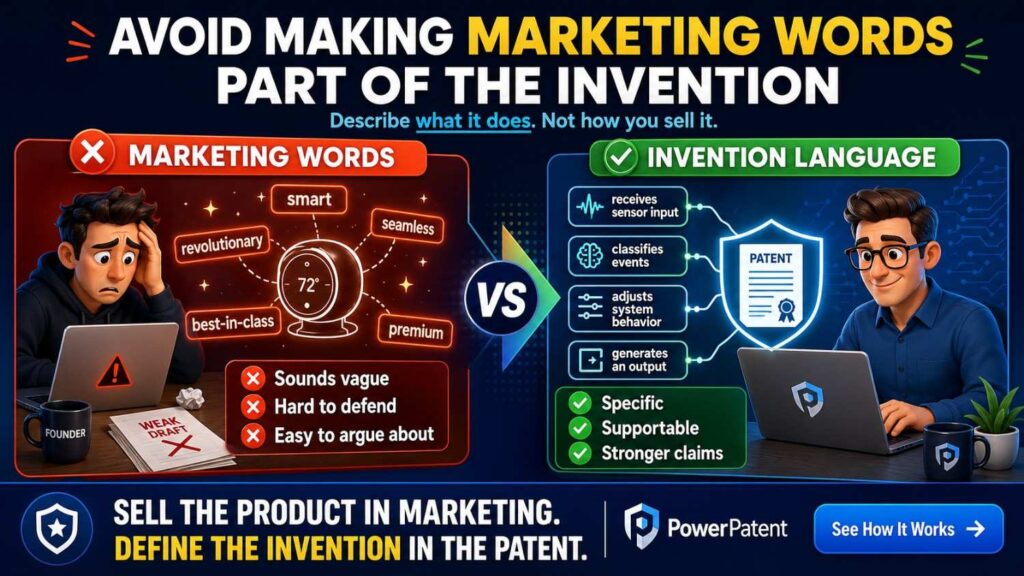 Marketing language can be risky in patent drafts.