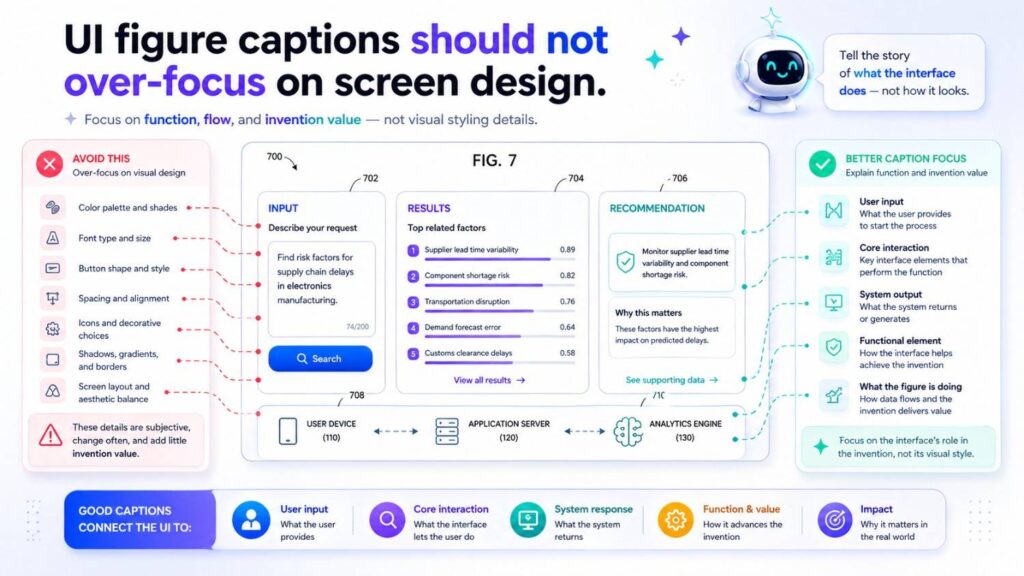 Unless the invention is the UI layout itself, those design details may not be core.
